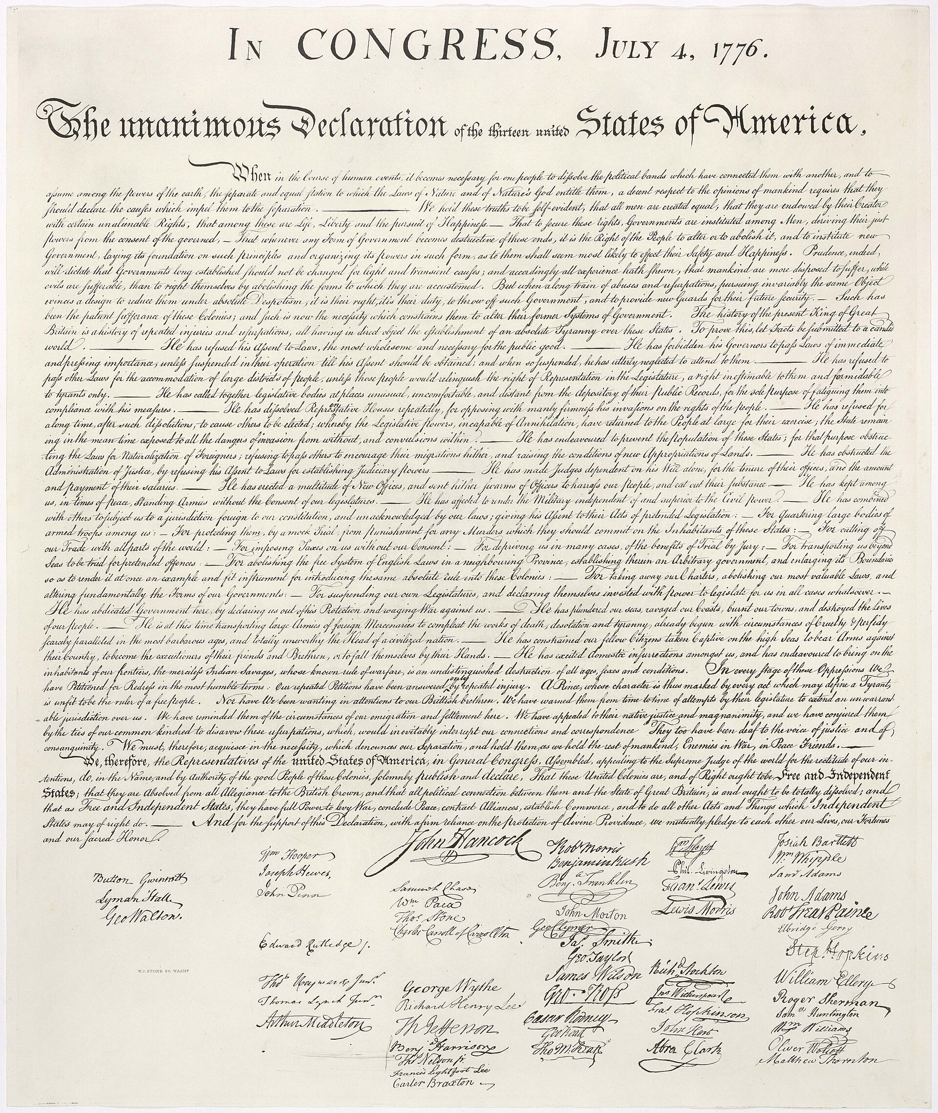 The handwritten Declaration of Independence, William J. Stone engraving of 1823